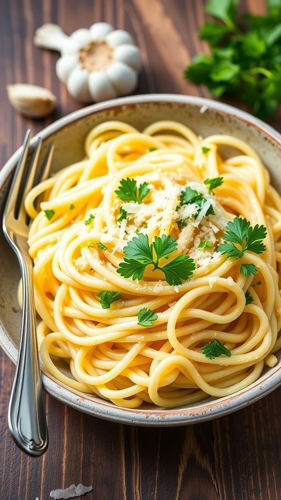 A plate of garlic cauliflower noodles garnished with parsley and Parmesan cheese on a wooden table.
